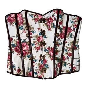 Vintage Floral Steampunk Corset | Ribbon Lace Up Back with Chain & Button Detail